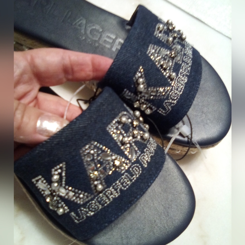 Lagerfeld: Ladies Denim Heavily Embellished Slip Ons